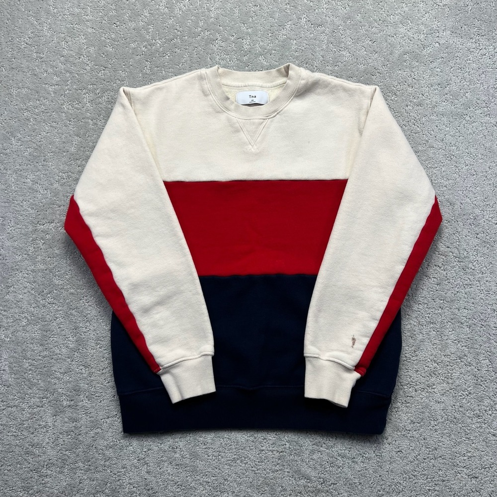 Tna Aritzia Sweatshirt Womens XS White Red Navy Blue Colorblock Crewneck Fleece